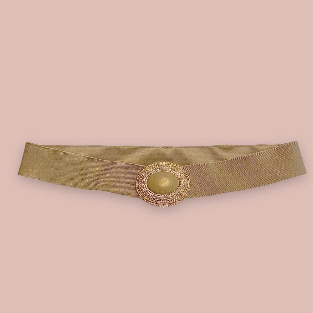 Vintage Day-Lor Tan Wide Stretch Belt Gold Buckle w/ Leather Center